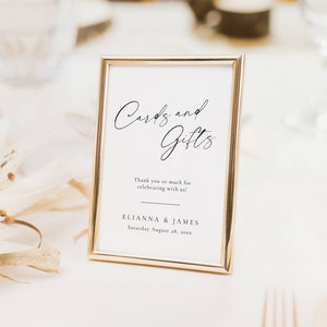 Cartões de casamento elegantes e sinal de presentes, modelo moderno de sinal de presentes de casamento, sinal de mesa de presentes para recepção, sinalização digital de casamento AT14