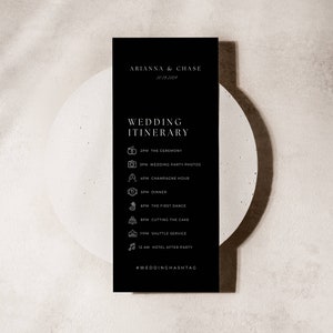 Minimalistische schwarze Hochzeit Reiseplan Vorlage, Hochzeitstag Timeline Karte mit Symbolen, Schwarz und Weiß Hochzeit Ordnung der Ereignisse - AT04