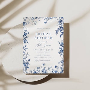 Inviti per addio al nubilato in stile Chinoiserie blu, modello per invito per addio al nubilato in toile de mariage, invito floreale per brunch nuziale, invito digitale fai da te AT09