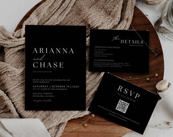 Black Wedding Invitation Suite with QR Code Rsvp, Black and White Wedding Invitation Set, Editable Invite, Details INSTANT DOWNLOAD AT04