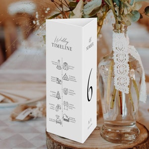 Sjabloon driebladige tafelnummer bruiloft, driehoekige tafelstandaard bewerkbaar, gevouwen reisschema tijdlijnkaart, brochure bruiloft tafel Canva AT10