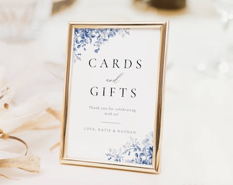 Modello di cartello per biglietti d'auguri e regali in tela, cartello minimalista per regali di nozze, cartello blu polvere per tavoli regalo, cartelli modificabili con decorazioni floreali per tavoli AT09