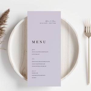 Szablon menu kolacji weselnej w kolorze liliowym, menu kolacji przy stole weselnym w kolorze lawendowym, karta menu weselnego do wydrukowania, jasnofioletowe menu gości AT07