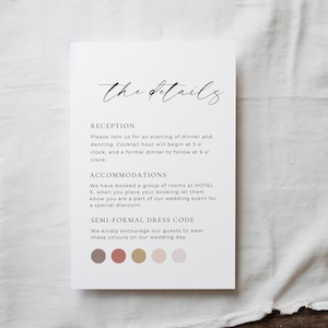 Cartão de detalhes da paleta de cores, cartão de detalhes do traje de casamento, modelo de gabinete do código de vestimenta do convidado, inserção de informações do traje do convidado, download digital -AT14