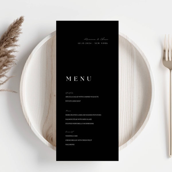 Modern Black Wedding Dinner Menu, Black And White Table Menu Card, Wedding Reception Menu Long, Classic Dark Dinner Menu Printable - AT04