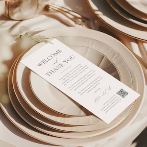 Tarjeta de agradecimiento para la boda con código QR, tarjetas de bienvenida y agradecimiento digitales, plantilla de nota de bienvenida para la boda, menú de agradecimiento para la configuración de la mesa AT10