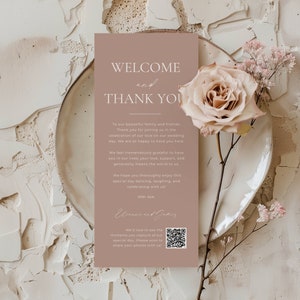 Carte de remerciement mariage QR code, modèle de menu de bienvenue rose cendré, note de serviette de table de remerciement rose clair, cartes de remerciement de table de mariage AT16