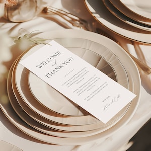 Tarjetas de bienvenida y agradecimiento para asientos de mesa, nota de agradecimiento para la mesa de boda, menú de bienvenida de configuración de lugar, plantilla de nota de servilleta mínima Canva AT10