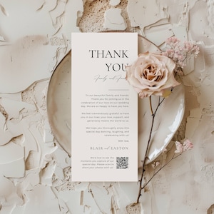 Carte de remerciement de mariage avec code QR, modèle de note de bienvenue et de remerciement, note de serviette pour le menu de remerciement, carte de partage de photo de mariage avec code QR AT10