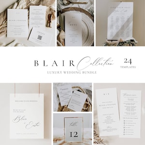 Wedding Stationery Template Bundle, Modern Wedding Reception Bundle, Minimal Table Signs, Monogram Wedding Invitation, Instant Download AT10