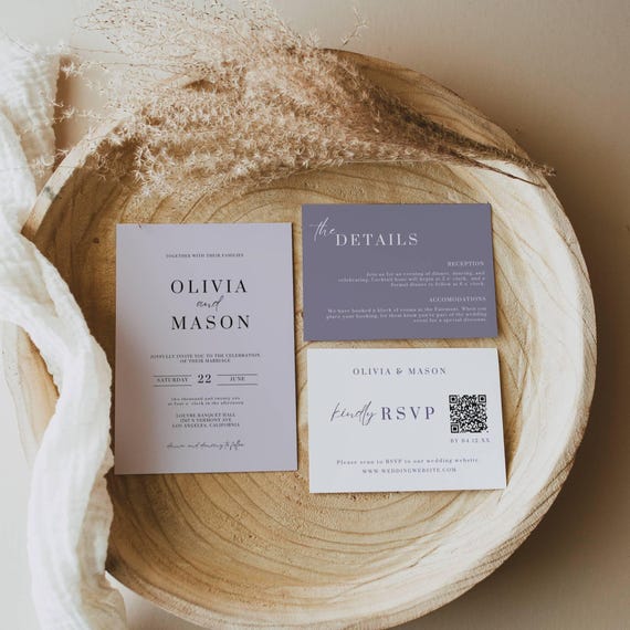 Wedding Invitations Suite Lavender, Lilac Invite Set with Details Card, Purple Wedding Qr Code Rsvp, Editable Wedding Templates Bundle AT07