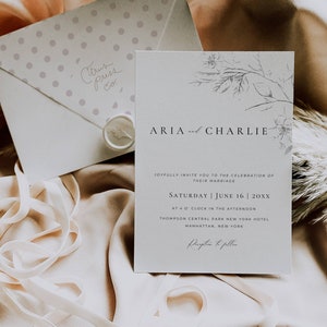 Invitación de boda con flores delineadas, invitación de boda con diseño floral, invitación botánica en blanco y negro, plantilla editable de Canva