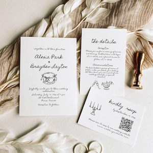 May include: A set of white wedding invitation cards with black text. The cards include details about the reception, accommodations, and RSVP information. A gold wax seal and stamp are also present.