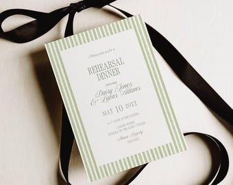 Invitación de ensayo de boda con rayas verdes, invitación a cena de ensayo en tonos salvia vintage, tarjeta de la noche anterior, plantilla editable 5x7 AT36