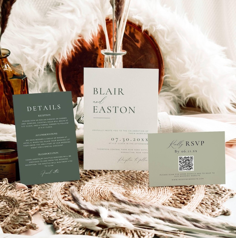 May include: A wedding invitation suite featuring three cards. The main card reads "Blair and Easton" with the date "07.30.20XX". A smaller card says "Details" and another says "Kindly RSVP". The cards are in neutral tones.