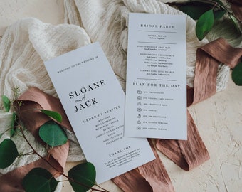 Programa de boda con iconos, tarjetas imprimibles de orden de servicio, plantilla moderna de programa de boda en Canva, calendario de eventos -AT05