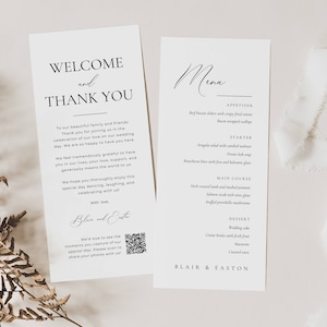 Dankes- und Menükarte, Elegante Menüvorlage für das Hochzeitsessen, Dankes- und Menügedeck-Karten, bearbeitbare Willkommens-Serviettennotiz -AT10