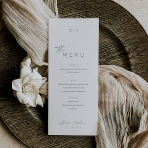 Modelo de menu de casamento de caligrafia moderna, cartão de menu de jantar de mesa mínimo, cartão de menu de chá de panela editável, sinalização de configuração de local 4x9 AT11