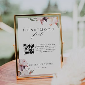 Fundo de lua de mel com sinal de código QR floral, sinal de código QR Venmo de casamento de flores silvestres, modelo de sinal de poço de desejo mínimo, sinal de presente de casamento AT15
