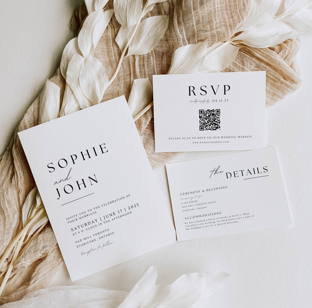Minimalist Wedding Invitation Set With Qr Code, Simple Wedding Invite ...