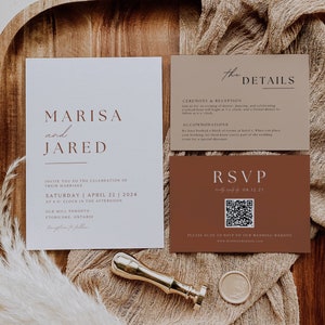 Terracotta Wedding Invitation Suite, Downloadable Wedding Invitation With Qr Code, Boho Set Bundle, Minimalist Online Rsvp, Editable AT03