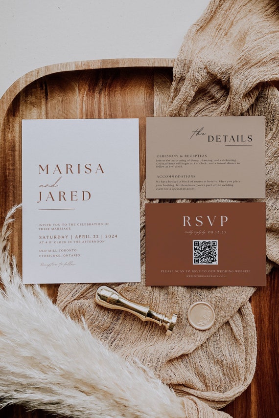 Wedding Invitation Suite Rust, Terracotta Wedding Invitation with Qr Code, All in one wedding invitation boho, Fall Wedding Invite Set -AT03