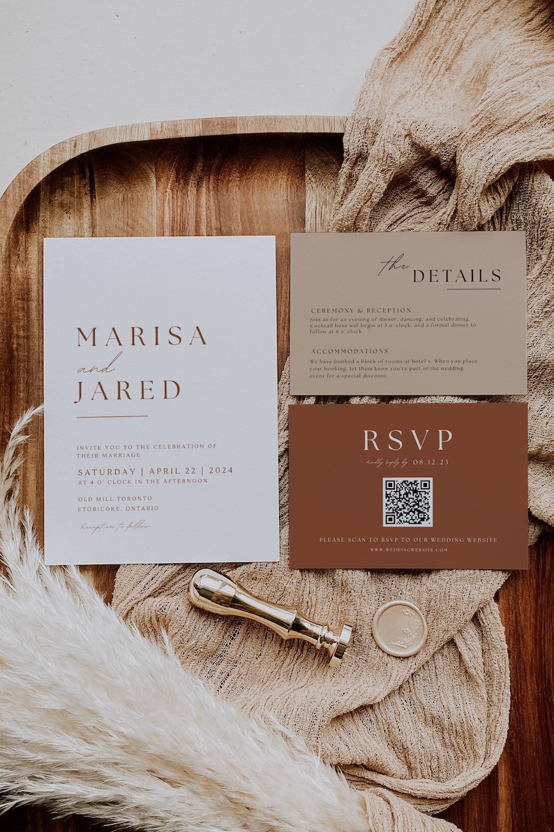 May include: Wedding invitation suite with a white card featuring the names "Marisa and Jared" and the date "Saturday, April 22, 2024". A brown card with the text "The Details" and "RSVP" with a QR code.