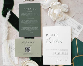 Canva Editable Sage Green Wedding Suite, Sage Wedding Invitations Template, Wedding Invite Set with Qr Code, Modern 3 Piece Invite Bundle