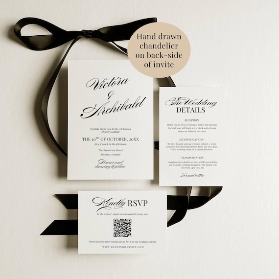 Old Money Wedding Invitation Suite, Minimalist Invitation Set Qr Code, Vintage Style Chandelier Invite, Black and White Template Bundle AT26