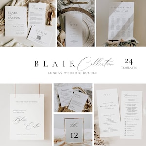 Luxury Wedding Reception Bundle, Wedding Day Signs Templates, Editable Table Signage Package, Modern Wedding Invite Suite with Qr Code AT10
