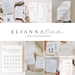 May include: A collection of elegant wedding stationery, including invitations, RSVP cards, and menus. The designs feature minimalist typography and a neutral color palette. The text "ELIANNA and JAMES" is visible on several cards. The bundle is labeled "Luxury Wedding Bundle."