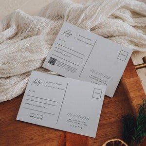 RSVP-kaartsjabloon ansichtkaart, trouwwebsite QR-code RSVP, minimalistische reactiekaart insteekkaart, moderne detailbehuizing, 2 maten, 2 stijlen AT10