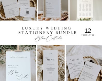 Wedding Reception Bundle, Elegant Table Signage Package, Monogram Stationery Invitation Suite, Classic Menu, Program, Canva Templates AT10