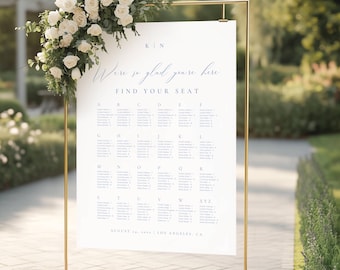 Plantilla de plano de asientos para bodas en azul claro, plano de asientos alfabético en azul empolvado, plano de asientos por apellido, asignación de asientos imprimible AT09