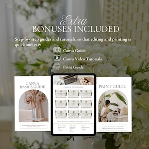 K&ouml;nnte beinhalten: Das Bild zeigt digitale Designressourcen. Ein Tablet zeigt Canva-Tutorials, zusammen mit gedruckten Anleitungen f&uuml;r Canva-Grundlagen und Druck. Text enth&auml;lt "Extra Bonuses Included" und "Canva Guide". Der Hintergrund ist ein Weichzeichner von wei&szlig;en Blumen.