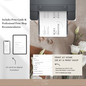 May include: A digital download of a wedding invitation template with a minimalist design. The invitation features the names "Sloane and Jack" in a simple font. The template is available in PDF and JPG formats and includes crop marks and bleed for printing.