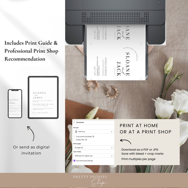 May include: A digital download of a wedding invitation template with a minimalist design. The invitation features the names "Sloane and Jack" in a simple font. The template is available in PDF and JPG formats and includes crop marks and bleed for printing.