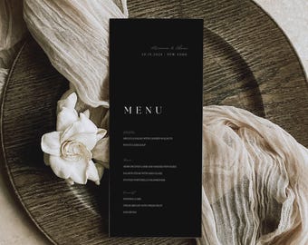 Modern Script Black Wedding Dinner Menu | Black And White Menu Template | Digital Download Reception Dinner Menu | Editable Template AT04