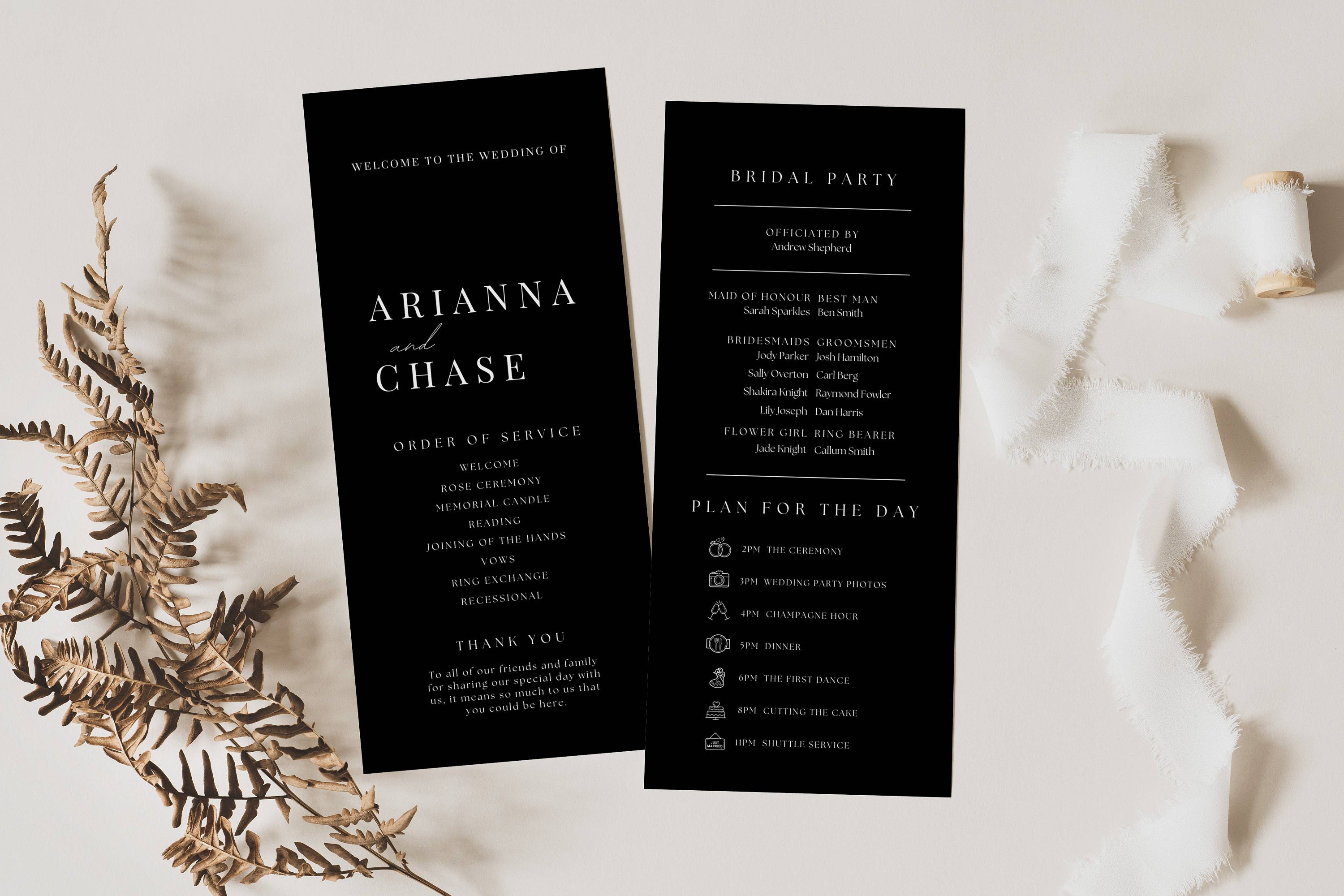Reception Program Cards Minimal Wedding Programs Template Black, Black and White Program ...