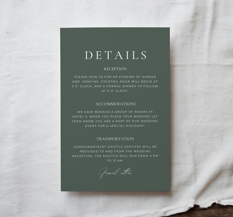 May include: A dark green wedding details card with white text. The card includes information about the reception, accommodations, and transportation. The text is in a simple, elegant font. The card is rectangular and has rounded corners.