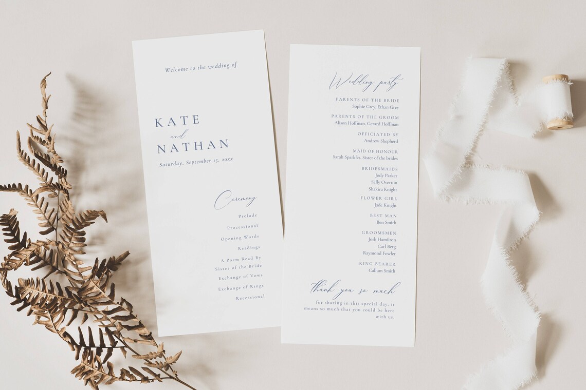 Dusty Blue Wedding Program, Light Blue Order of Service Template