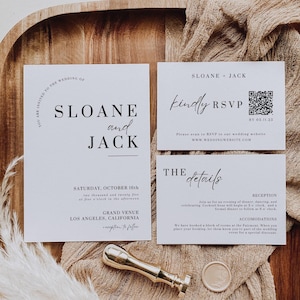 Minimalist Wedding Invitation Suite QR Code, Modern Wedding Invite Card Bundle, Editable Canva Template AT05