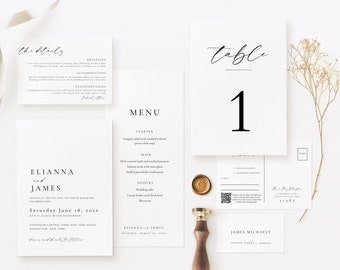 May include: Wedding invitation suite with a white background and black text. The invitation includes the names "Elianna and James", the date "Saturday June 18, 20xx", and the location "Thompson Central Park New York Hotel, Manhattan, New York". The menu card includes the starter, main course, and dessert options. The table number card features the number "1" and the text "table".