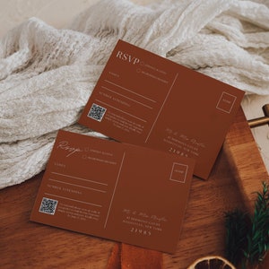 Boho RSVP-huwelijksbriefkaart, terracotta bruiloft RSVP-invoegsjabloon, reactiekaart verbrand oranje met qr-code, roestkleurige RSVP downloadbaar - AT03