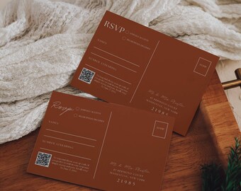 May include: Two brown RSVP cards with a QR code, the text "RSVP", "Mr. & Mrs. Preston", "82 Redmond Court", "Manhattan, New York", "21985", and "Stamp".