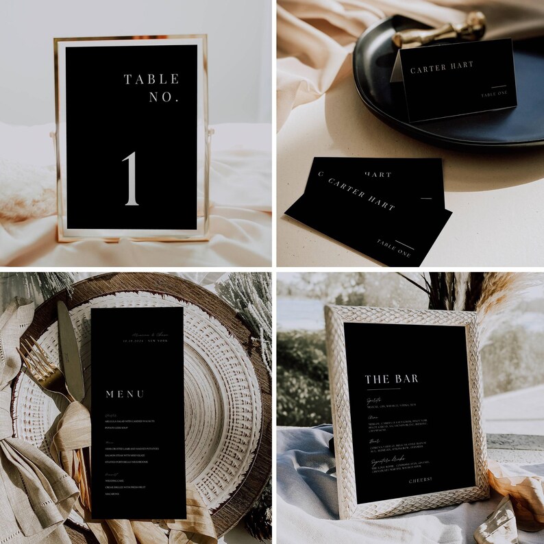 May include: Black and white wedding table number sign with a gold frame. The sign reads "Table No. 1".