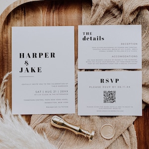 Alles-in-einer-Hochzeitseinladungsvorlage, moderne Hochzeitseinladungssuite CANVA minimalistisches Rsvp mit Qr-Code-DRUCK vom Hochzeitsset-Bundle AT08
