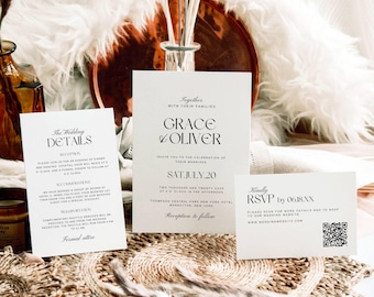 Minimalist Wedding Invitation Bundle Qr Code, Minimal Invitation Template Set, Modern Wedding Invite Suite, Rsvp & Detail Card Digital AT24