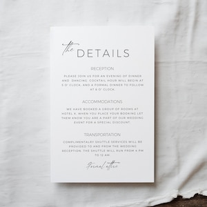 Minimale Hochzeitsdetails Kartenvorlage Canva, Minimaler Einladungs Einschluss, Druckbare Kalligraphie Einladen Beilage, Empfang Details Karte AT11