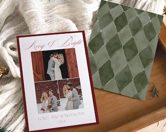 Merry and Bright Newlywed Christmas Card Template, Burgundy Photo Collage, Wedding Holiday Card, Editable Canva Download